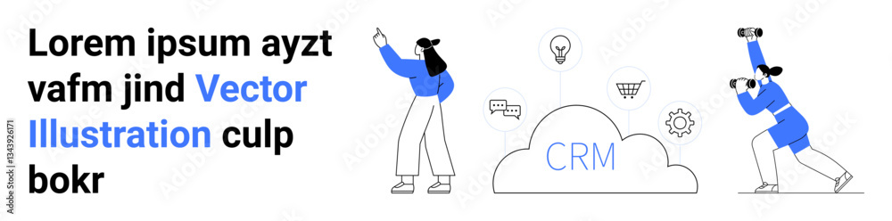 Individuals observe CRM cloud surrounded by gear, charts, bulb, magnifier. Ideal for technology, business strategy, innovation, teamwork, data analysis digital tools simple landing page Individuals observe CRM cloud surrounded by gear, charts, bulb, magnifier. Ideal for technology, business strategy, innovation, teamwork, data analysis digital tools simple landing page