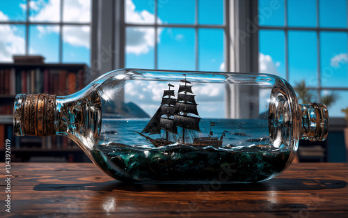 Miniature sailing ship captured inside a glass bottle, displayed on a wooden surface with a bright window background, showcasing a maritime scene.