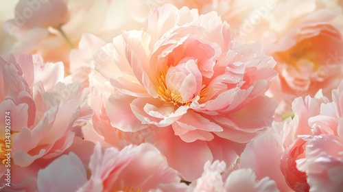 Lush, fully bloomed peonies in delicate shades of pink, blush, and coral, their dewy petals soft and layered with natural detail, glowing gently in the early morning light.