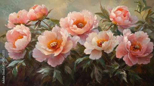 Lush, fully bloomed peonies in delicate shades of pink, blush, and coral, their dewy petals soft and layered with natural detail, glowing gently in the early morning light.