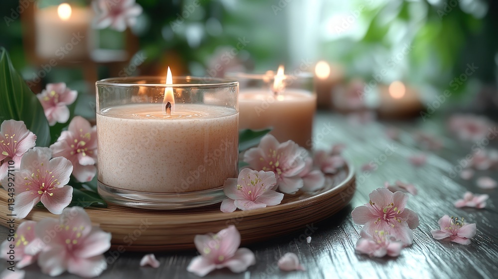 Candlelight Serenity: Aromatic Candles with Cherry Blossoms in Gentle Ambiance Candlelight Serenity: Aromatic Candles with Cherry Blossoms in Gentle Ambiance