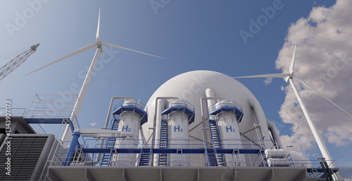 Electrolysis-based hydrogen production facility, producing green hydrogen when powered by renewable energy. 3d illustration