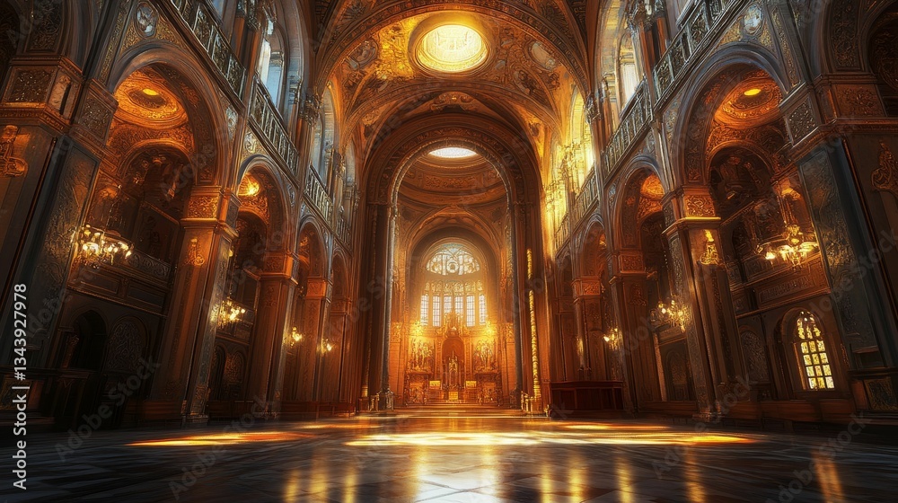 Fototapeta premium Ornate cathedral interior shines with golden light