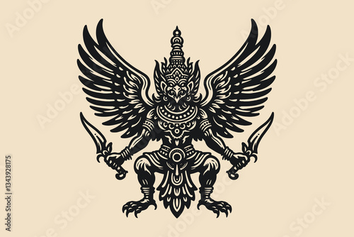 Vintage black engraving icon of Garuda, mythical bird warrior
