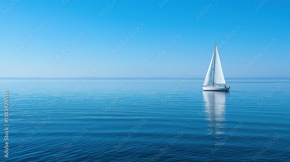 Obraz premium Photograph of a sailboat sailing on the ocean. the sky is a clear blue and the water is a deep blue-green color. the boat is white with a white sail that is billowing in the wind.