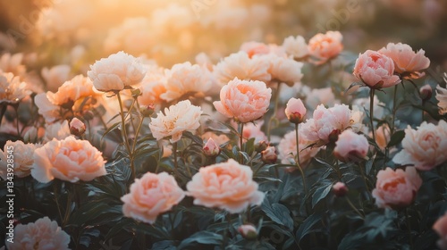 Lush, fully bloomed peonies in delicate shades of pink, blush, and coral, their dewy petals soft and layered with natural detail, glowing gently in the early morning light.
