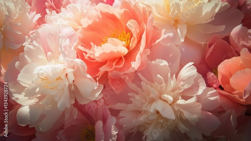 Lush, fully bloomed peonies in delicate shades of pink, blush, and coral, their dewy petals soft and layered with natural detail, glowing gently in the early morning light.