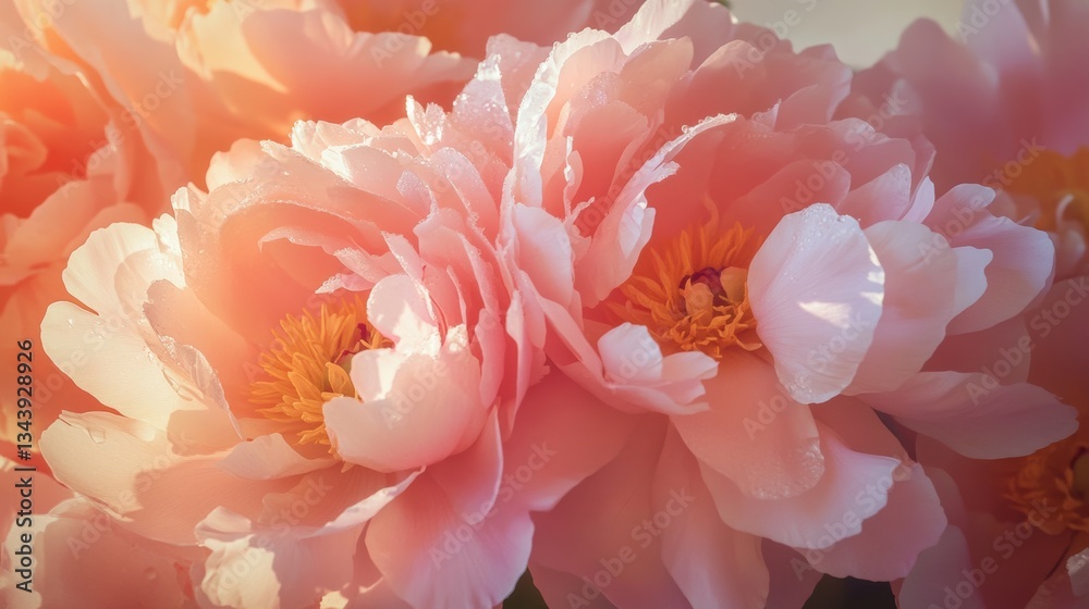 Lush, fully bloomed peonies in delicate shades of pink, blush, and coral, their dewy petals soft and layered with natural detail, glowing gently in the early morning light. Lush, fully bloomed peonies in delicate shades of pink, blush, and coral, their dewy petals soft and layered with natural detail, glowing gently in the early morning light.
