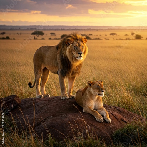 A male lion and a female lion are on a rocky outcrop, with the male standing and the female lying beside him in the savanna grassland. Golden sunlight shines from behind them.