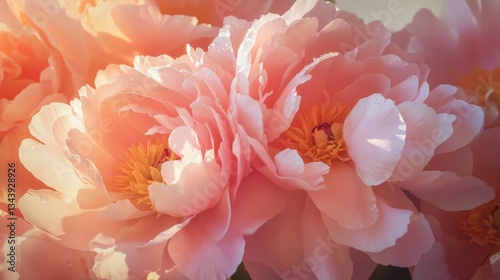 Lush, fully bloomed peonies in delicate shades of pink, blush, and coral, their dewy petals soft and layered with natural detail, glowing gently in the early morning light.