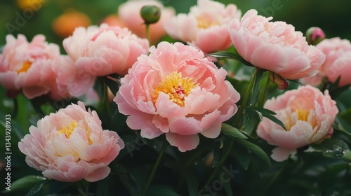 Lush, fully bloomed peonies in delicate shades of pink, blush, and coral, their dewy petals soft and layered with natural detail, glowing gently in the early morning light.