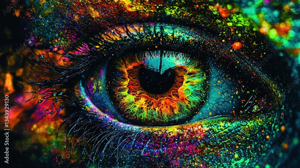 Obraz premium An intimate portrait showcases a person's eye adorned in a rainbow of vibrant paint colors