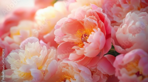 Lush, fully bloomed peonies in delicate shades of pink, blush, and coral, their dewy petals soft and layered with natural detail, glowing gently in the early morning light.