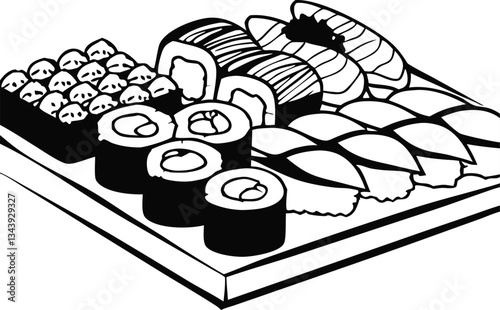 Hand Drawn Sushi Platter Line Art – Black and White Japanese Cuisine Illustration with Nigiri, Maki, and Sashimi – Minimalist Top View Food Sketch for Restaurant Menu Design