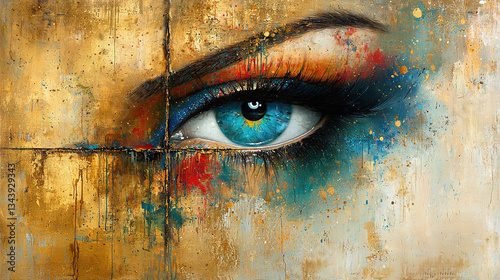   A blue-eyed woman with multi-colored paint on her face in a painting
