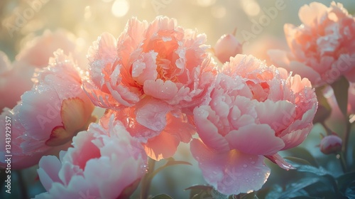 Lush, fully bloomed peonies in delicate shades of pink, blush, and coral, their dewy petals soft and layered with natural detail, glowing gently in the early morning light.