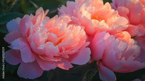 Lush, fully bloomed peonies in delicate shades of pink, blush, and coral, their dewy petals soft and layered with natural detail, glowing gently in the early morning light.