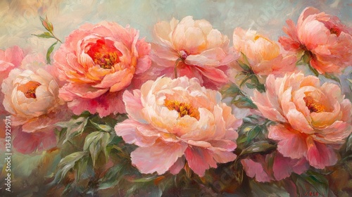 Lush, fully bloomed peonies in delicate shades of pink, blush, and coral, their dewy petals soft and layered with natural detail, glowing gently in the early morning light.