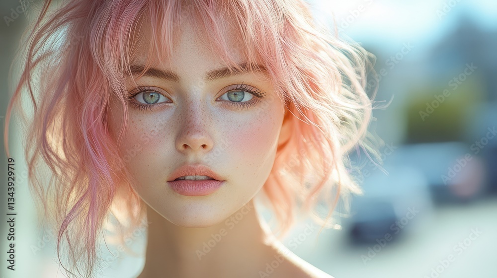 Fototapeta premium Portrait of a Young Chinese Woman with Pink Hair in Urban Setting