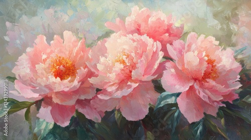 Lush, fully bloomed peonies in delicate shades of pink, blush, and coral, their dewy petals soft and layered with natural detail, glowing gently in the early morning light.