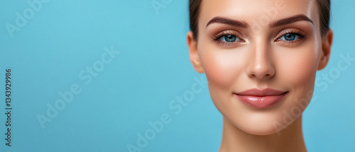 close up portrait of woman with smooth skin, bright blue eyes, and gentle smile against light blue background, showcasing beauty and confidence