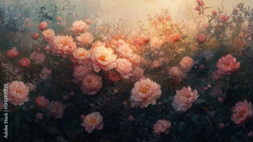 Lush, fully bloomed peonies in delicate shades of pink, blush, and coral, their dewy petals soft and layered with natural detail, glowing gently in the early morning light.