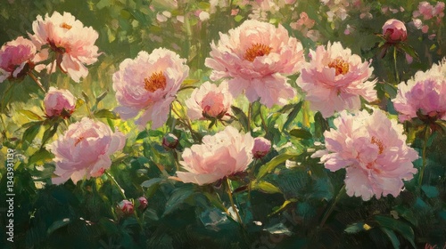 Lush, fully bloomed peonies in delicate shades of pink, blush, and coral, their dewy petals soft and layered with natural detail, glowing gently in the early morning light.