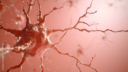 The image shows a detailed close-up of a neuron, its soma and dendritic processes rendered in a pinkish hue against a blurred background.
