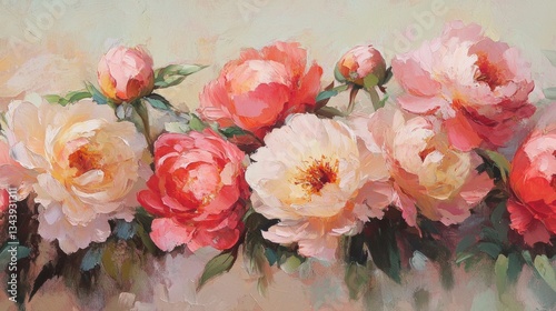 Lush, fully bloomed peonies in delicate shades of pink, blush, and coral, their dewy petals soft and layered with natural detail, glowing gently in the early morning light.