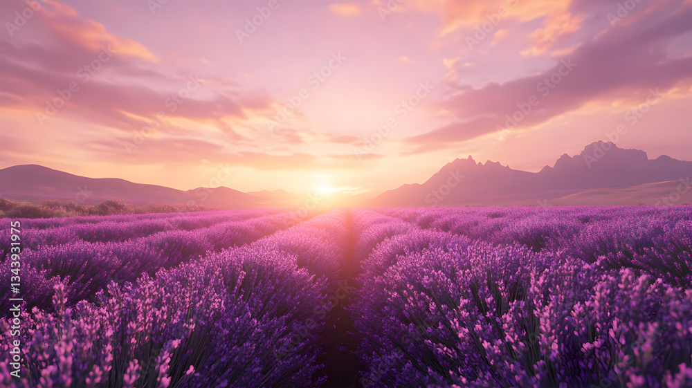 Lavender Field in Full Bloom at Sunset with Glowing Sky and Soft Light Lavender Field in Full Bloom at Sunset with Glowing Sky and Soft Light