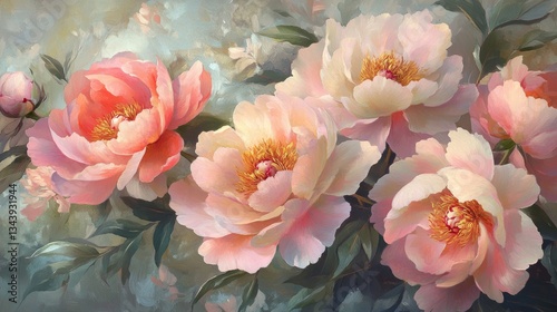 Lush, fully bloomed peonies in delicate shades of pink, blush, and coral, their dewy petals soft and layered with natural detail, glowing gently in the early morning light.