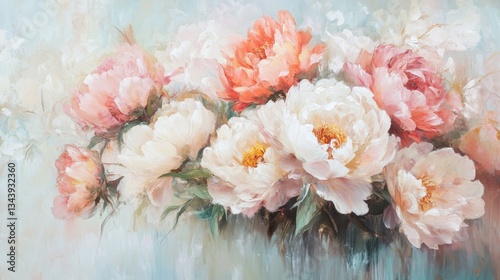 Lush, fully bloomed peonies in delicate shades of pink, blush, and coral, their dewy petals soft and layered with natural detail, glowing gently in the early morning light.