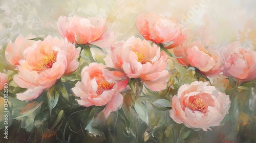 Lush, fully bloomed peonies in delicate shades of pink, blush, and coral, their dewy petals soft and layered with natural detail, glowing gently in the early morning light.