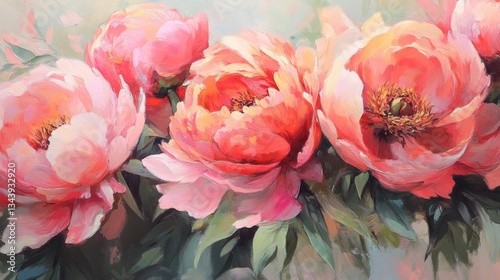 Lush, fully bloomed peonies in delicate shades of pink, blush, and coral, their dewy petals soft and layered with natural detail, glowing gently in the early morning light.