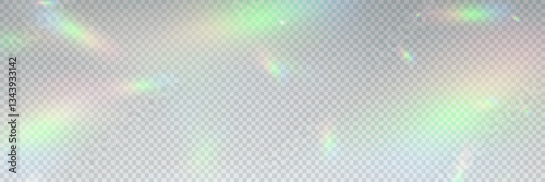 Rainbow crystal light leak flare reflection effect. Vector illustration set. Colorful optical rainbow lights beam lens flare leak overlay streaks on transparent dark background