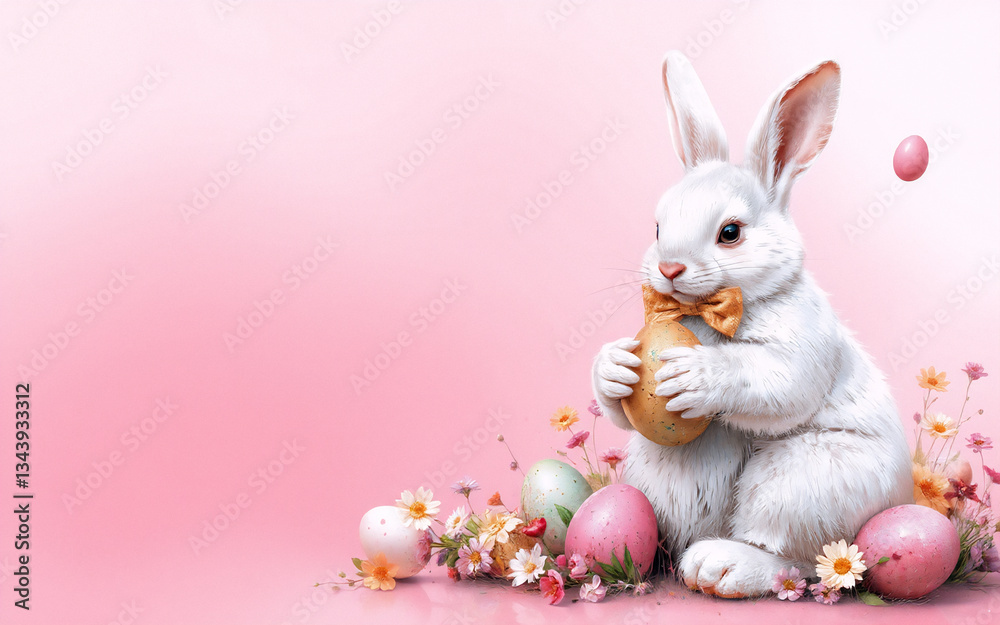 Fototapeta premium A fluffy white bunny with a bow tie is sitting among colorful Easter eggs and flowers on a soft pink backdrop, creating a cheerful spring scene.