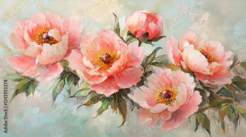 Lush, fully bloomed peonies in delicate shades of pink, blush, and coral, their dewy petals soft and layered with natural detail, glowing gently in the early morning light.