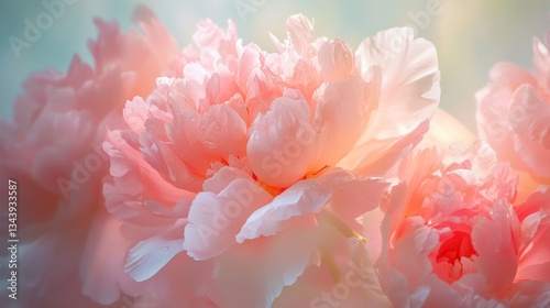 Lush, fully bloomed peonies in delicate shades of pink, blush, and coral, their dewy petals soft and layered with natural detail, glowing gently in the early morning light.