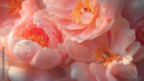 Lush, fully bloomed peonies in delicate shades of pink, blush, and coral, their dewy petals soft and layered with natural detail, glowing gently in the early morning light.
