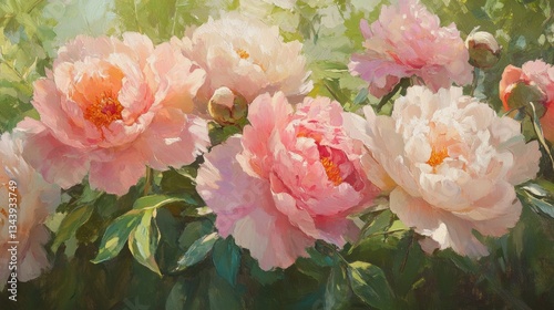 Lush, fully bloomed peonies in delicate shades of pink, blush, and coral, their dewy petals soft and layered with natural detail, glowing gently in the early morning light.