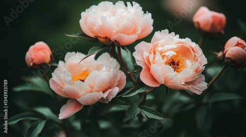 Lush, fully bloomed peonies in delicate shades of pink, blush, and coral, their dewy petals soft and layered with natural detail, glowing gently in the early morning light.