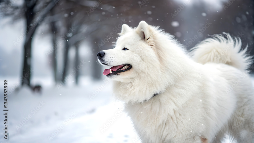 Naklejka premium Fluff and Frost Samoyed's Snowy Adventure JPEG file download