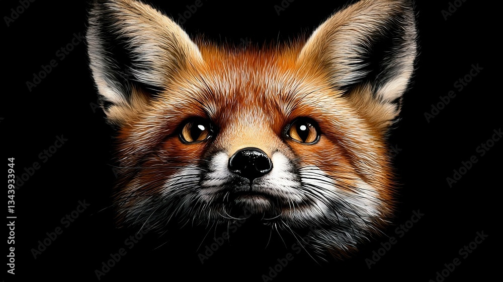 Obraz premium Close-up shot of a red fox's face against a black backdrop, showcasing the vivid contrast between the fox's fur and the background