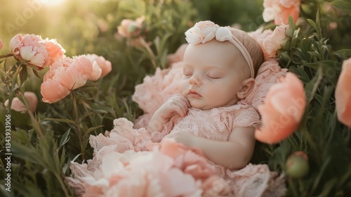 Lush, fully bloomed peonies in delicate shades of pink, blush, and coral, their dewy petals soft and layered with natural detail, glowing gently in the early morning light.