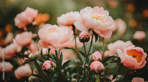 Lush, fully bloomed peonies in delicate shades of pink, blush, and coral, their dewy petals soft and layered with natural detail, glowing gently in the early morning light.