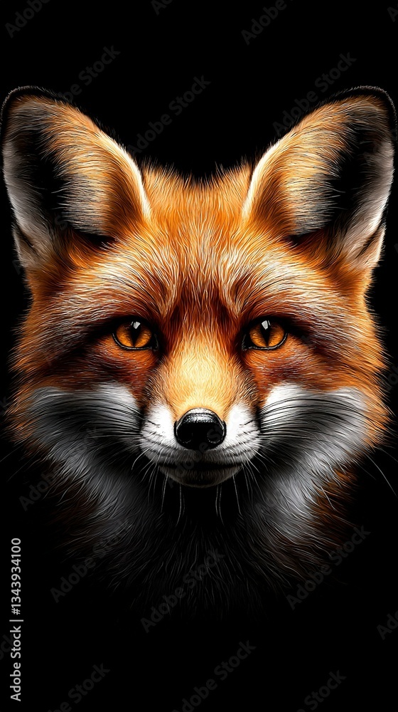 Fototapeta premium A close-up shot of a fox's face on a black backdrop, featuring a prominent red fox's head in the foreground