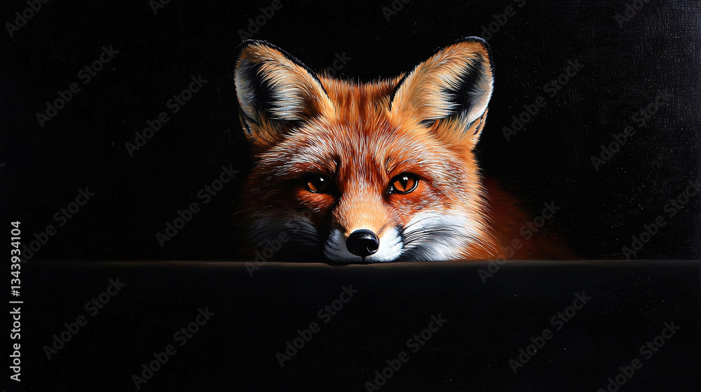 Fototapeta premium Close-up of a Red Fox's Face on Black Background with Light Shining in Background