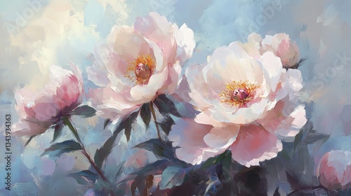 Lush, fully bloomed peonies in delicate shades of pink, blush, and coral, their dewy petals soft and layered with natural detail, glowing gently in the early morning light.
