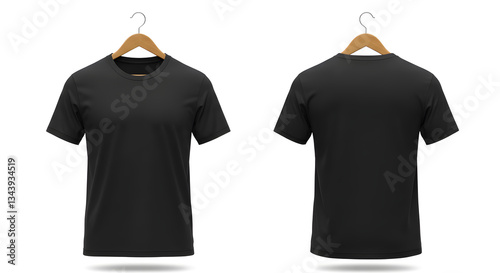 Black T-Shirt Mockup: Front and Back Views on Wooden Hangers