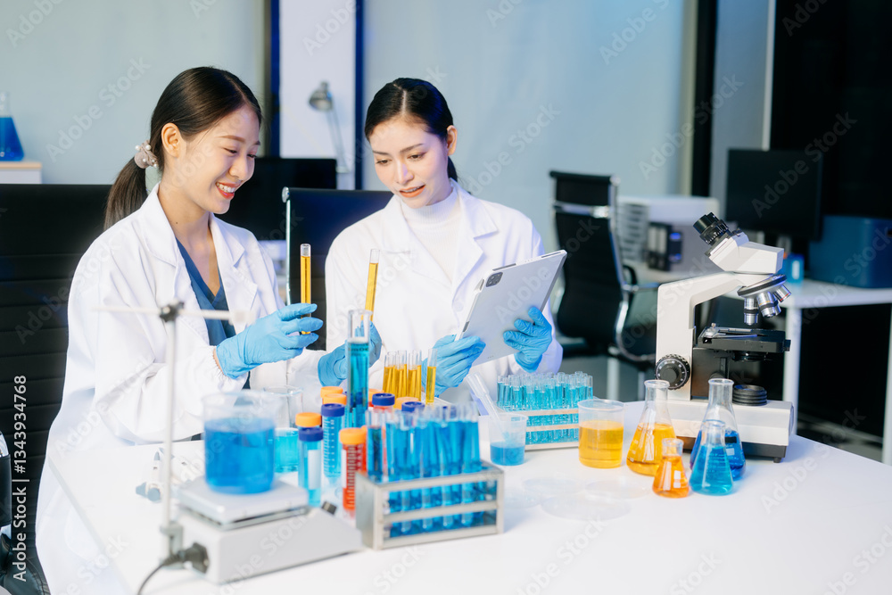 Two Asian female scientists in a high-tech lab analyzing biochemical samples, using micro pipettes, Two Asian female scientists in a high-tech lab analyzing biochemical samples, using micro pipettes,